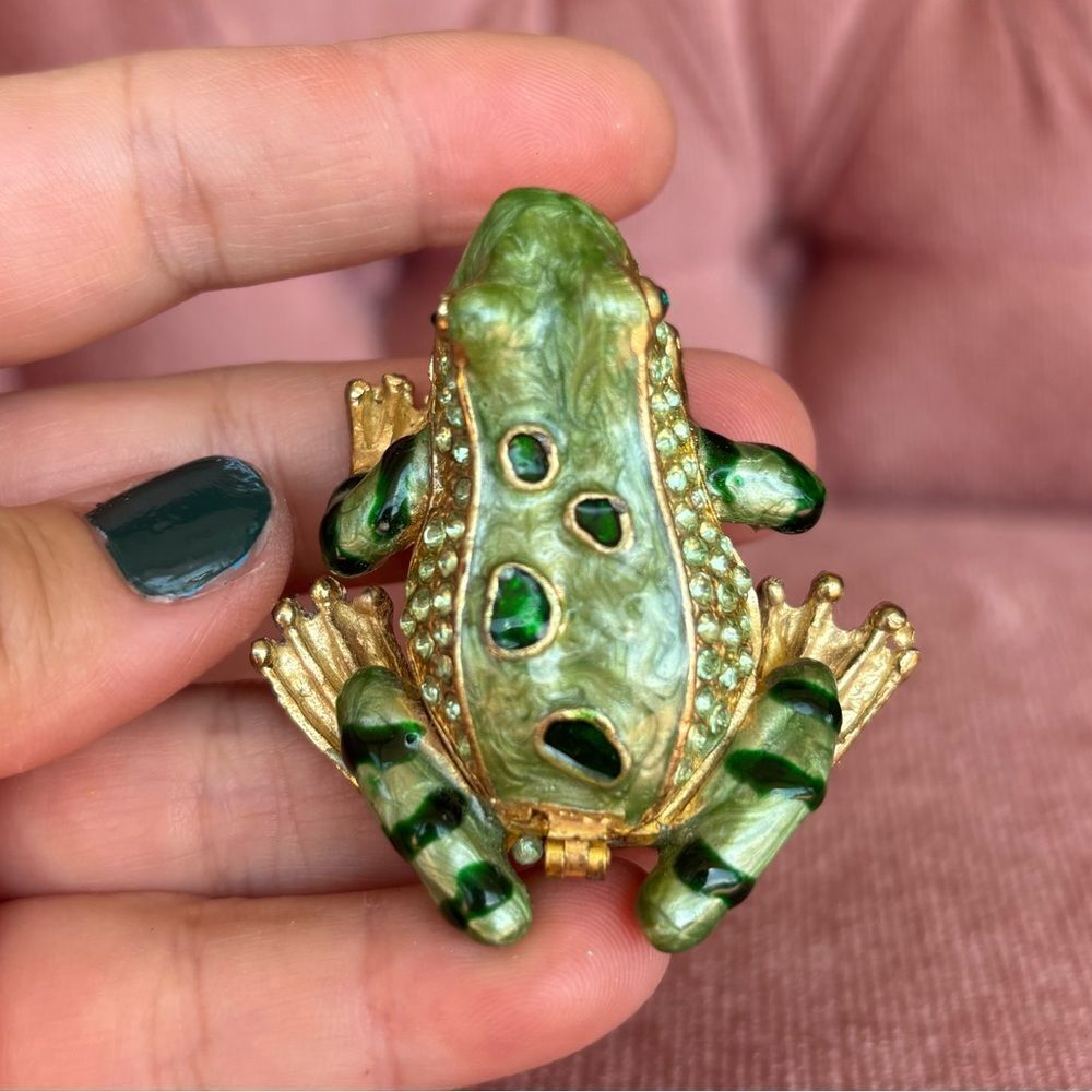 Jeweled Green Frog Trinket Box – Enamel Rhinestone Hinged Keepsake